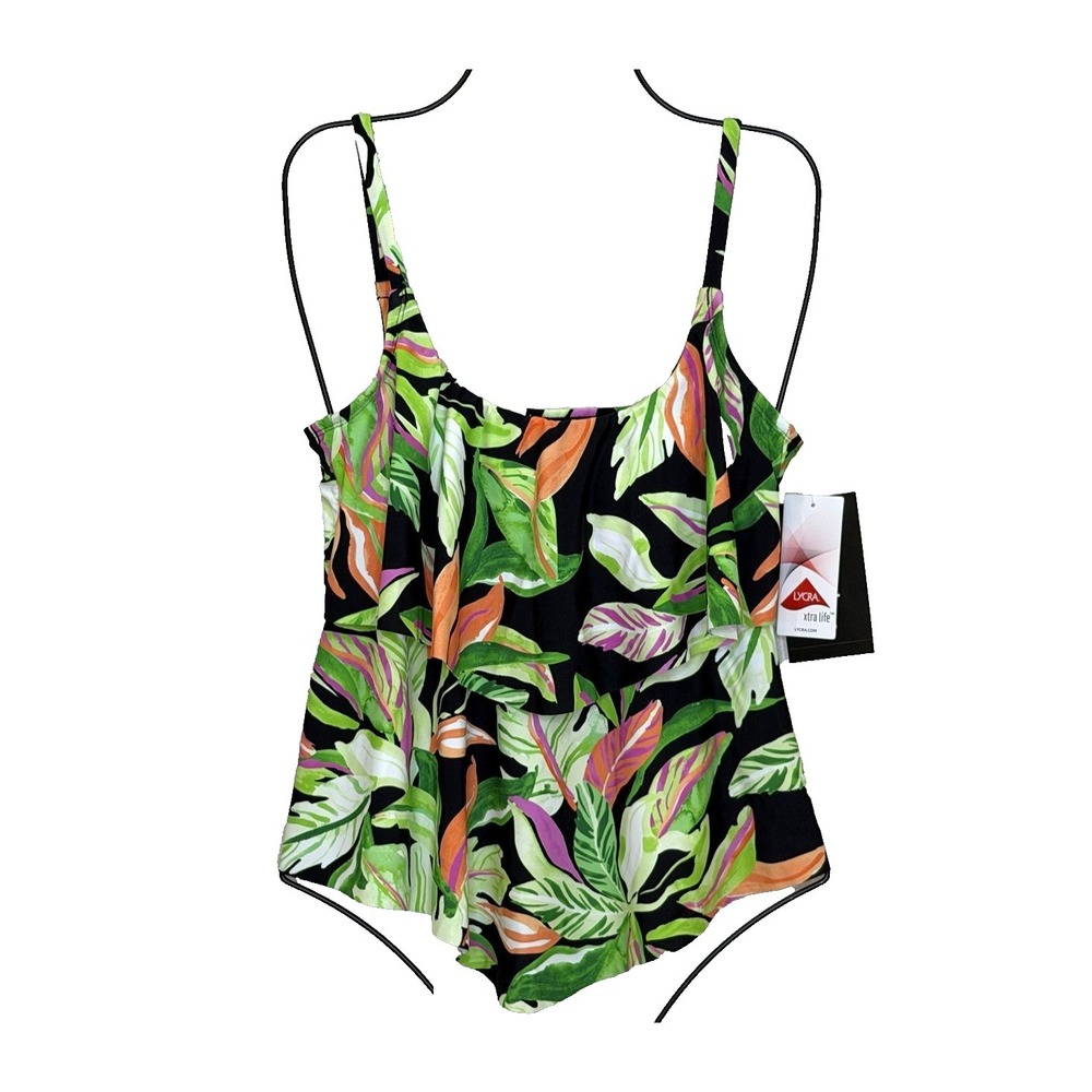 Maxine of Hollywood Tankini Top Swimsuit Womens Size 6 Black Floral Ruffle NEW